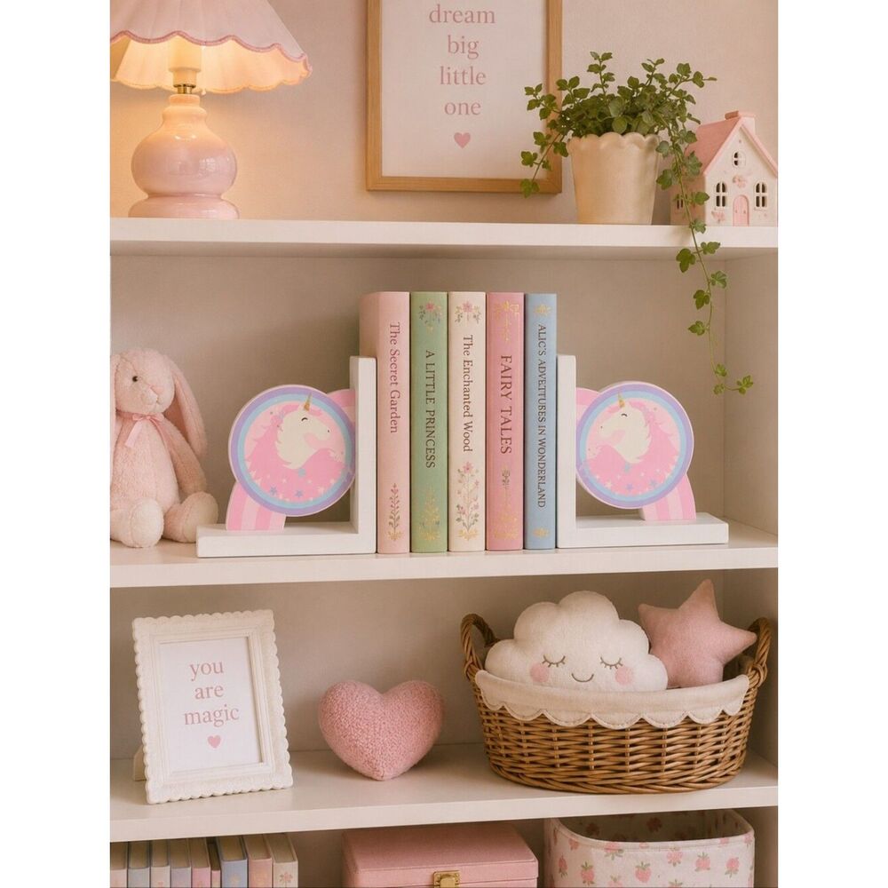 Set Of 2 Wooden Unicorn Bookends Room Decor Classic Fairy Tale Pink Magical Chic